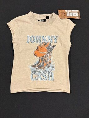 Primark Beige Short-Sleeve Johnny Cash Graphic Tee with Orange and Blue Print